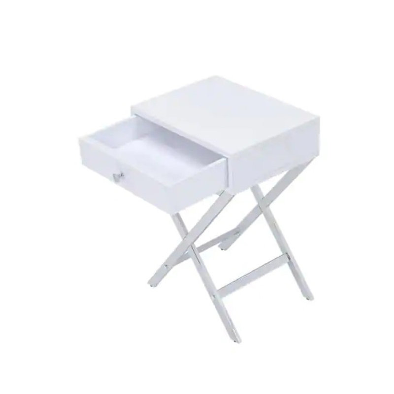 Elegant White & 1 Rectangular Accent Table For Space Saving Design + With Drawer Efficiency, White Top/Chrome Base