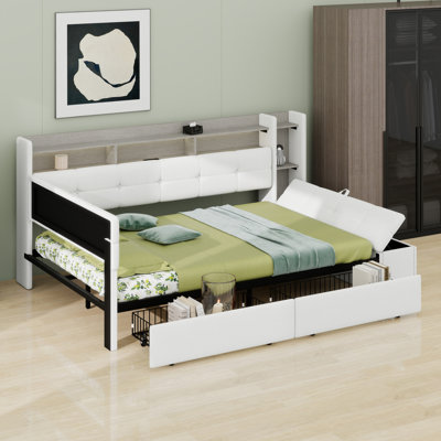 Lit de jour moderne rembourré avec repose-pieds de rangement, tablettes intégrées, deux tiroirs, charge USB et lumière DEL