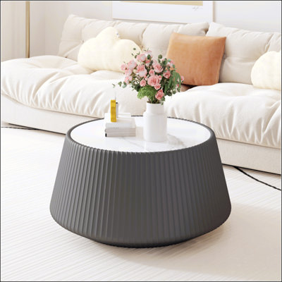 Table basse ronde unique avec plateau en pierre frittée et motif en cuir de microfibre, pour les salons modernes