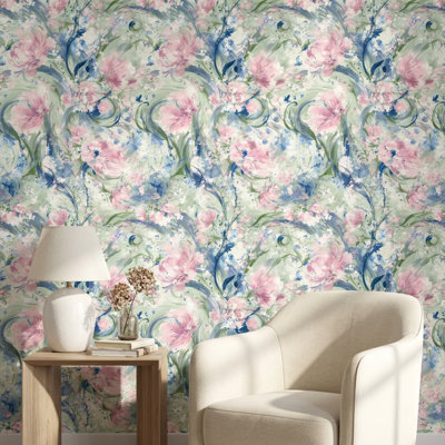 Papier peint floral abstrait pelez et collez rose