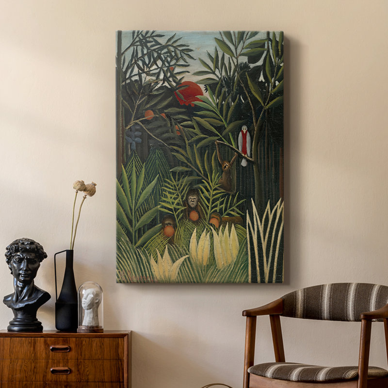Singes et perroquet dans la forêt vierge - Toile tendue avec châssis par Henri Rousseau, 18 x 27