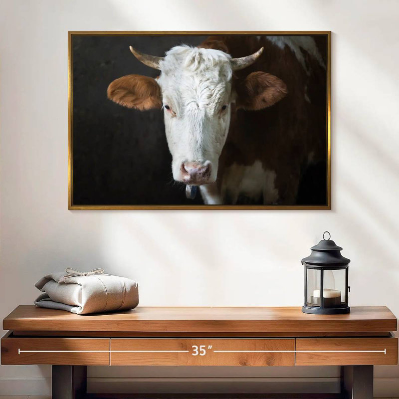 Visage de vache sérieux, Cadre flottant doré, 25 po x 17 po
