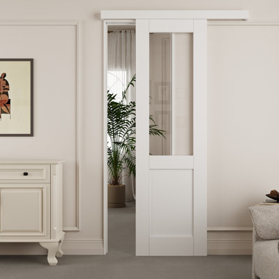 80" Hidden Style Track Half Clear Glass Sliding Barn Door With Hardware Kit(No Assembly Required)