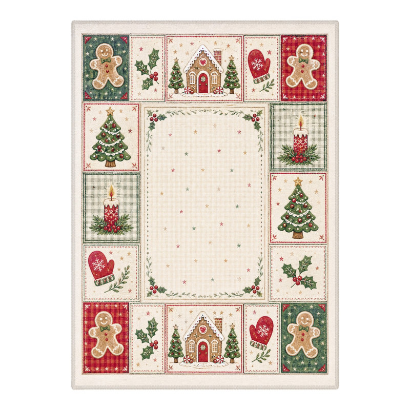 Tapis de salle à manger lavable à poils courts, motif de courtepointe de Noël, ivoire et vert, avec bougies et moufles.
