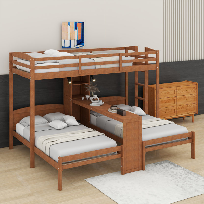 Lit superposé en bois avec bureau et tablettes de rangement, lit superposé triple 3 en 1 avec lampe de lecture à DEL, Naturel