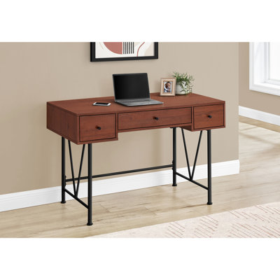Bureau de travail à domicile avec rangement intégré, table d'ordinateur de 122 cm (48 po), stratifié brun, structure en métal noir, style transitionnel.