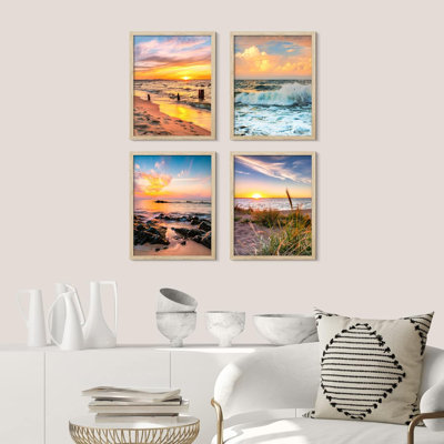 " Framed Pastel Sunset Nautical Ocean Beach Horizons Set Of 4 Landscape Colorful Wall Decor Prints " 4 - Pieces