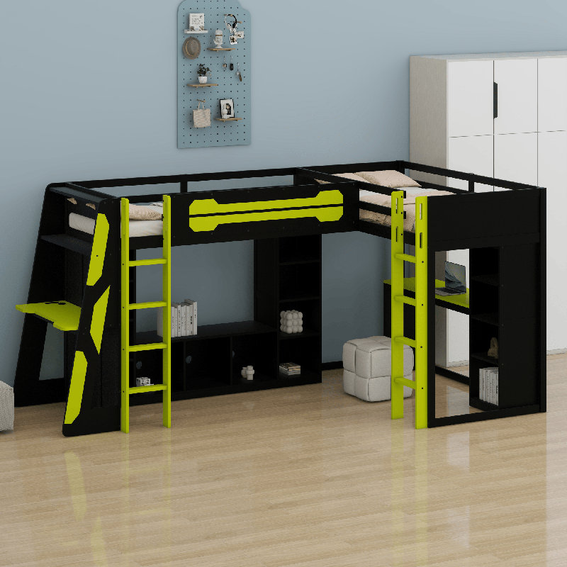 L-Shaped Wooden Gaming Bed Frame With RGB LED Lights, Black/Green