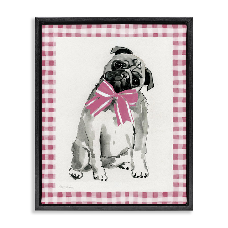  «Pug with Plaid Border», art mural sur toile par Carol Robinson, H 21 po x l 17 po, Cadre flottant noir de jais