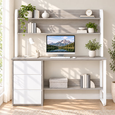 Computer Desk with Hutch and Shelves, 60 Inch Office Desk with 3 Drawers for Small Places, Study Writing Desk with Storage for Bedrom, Adjustable Feet