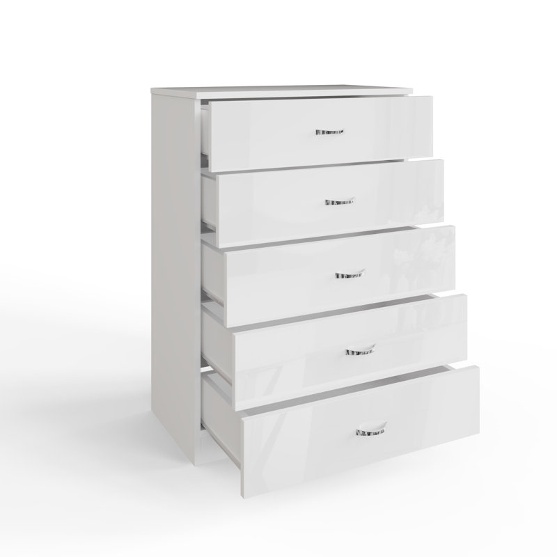 Brendle 5 Drawer Chest Of Drawers: 70cm Wide - High Gloss Front with Chrome Handles, Scratch Resistant., White