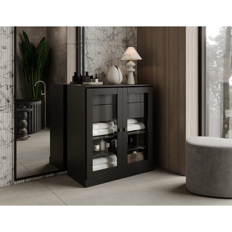 Palace Imports 100% Solid Wood Bathroom Storage Cabinet, Clear Glass Doors, 2 Drawers, Adjustable Shelves, 32" Wide, 35.75" Tall