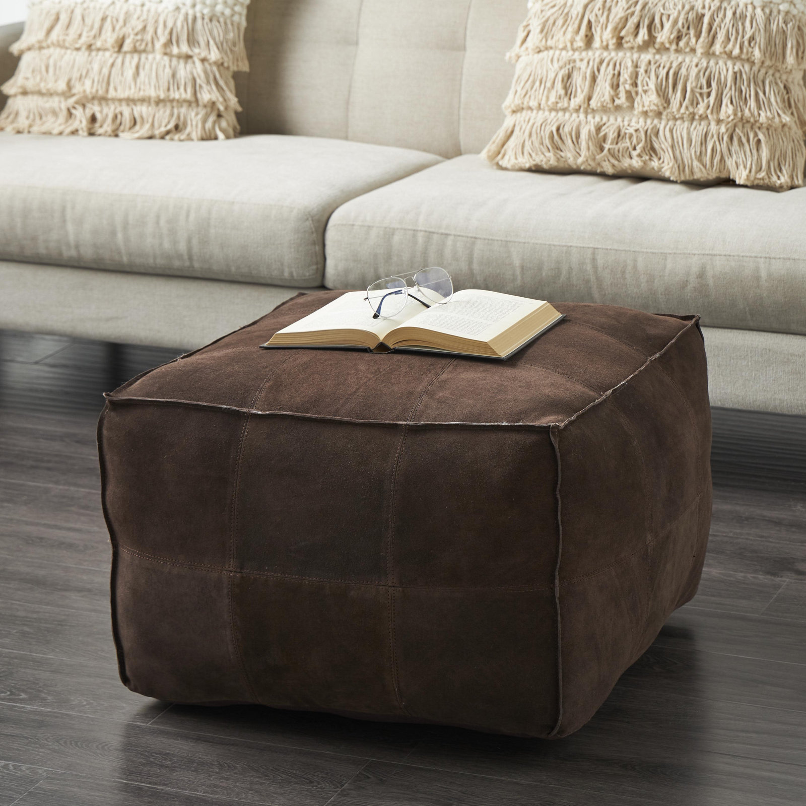 Shara Leather Pouf, Dark Brown Genuine Leather