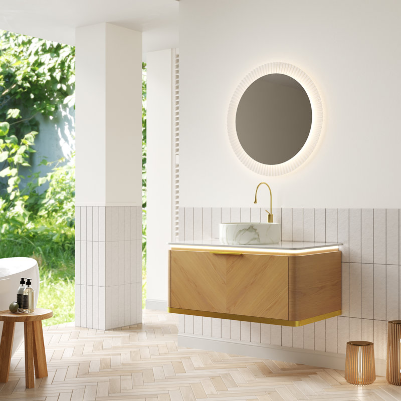 Meuble-lavabo et lavabo 36 po Dipa, armoire de rangement en contreplaqué flottant, tiroir avec poignée et capteur de lumière, vasque en céramique blanche à motif de pierre et plateau en pierre frittée, pré-assemblé, couleur grain de bois espresso 