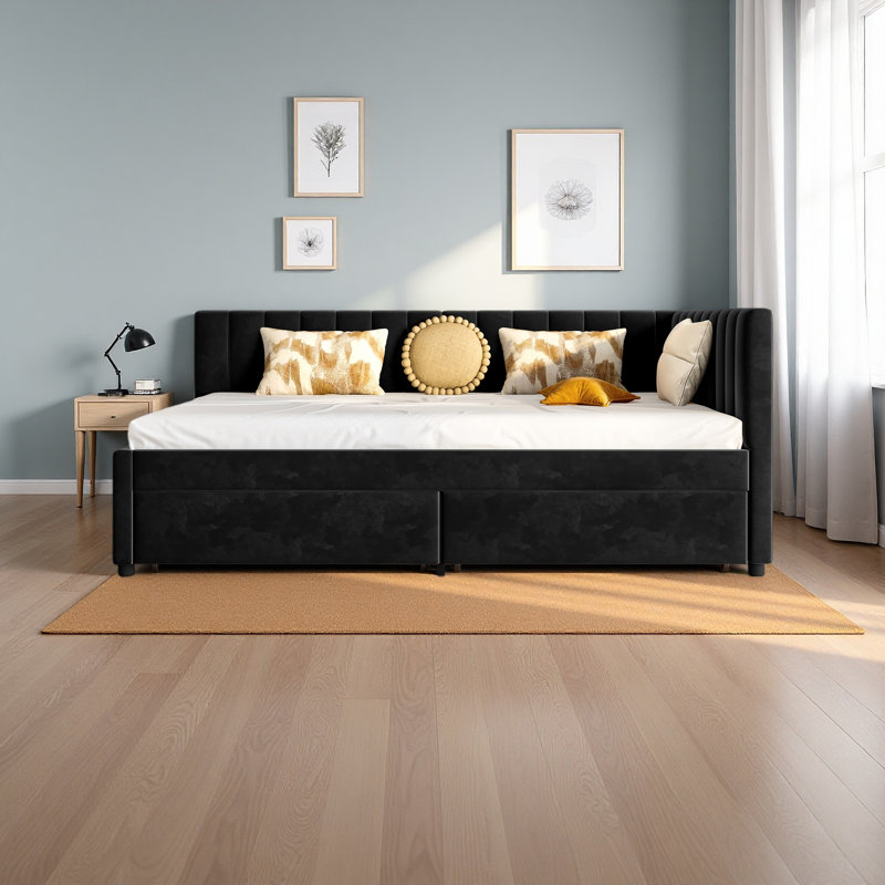 Full Size Daybed With Storage Drawers Upholstered Corner Bed With L Shaped Headboard Velvet Daybed Frame For Living Room Guest Room