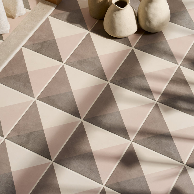 Elizabeth Sutton Art Geo 8x8 Matte Encaustic Look Porcelain Tile, Cement Deco Mist Gray and Pink