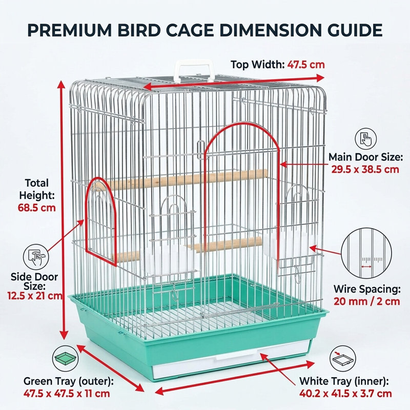 Bird Cage with Perches and Food Bowls for Small Birds, 47.5 x 47.5 x 68.5cm Portable Travel Cage with Pull-Out Tray, Removable Grille Handle, Swing and Feeders for Budgies, Finches, Small Parrots