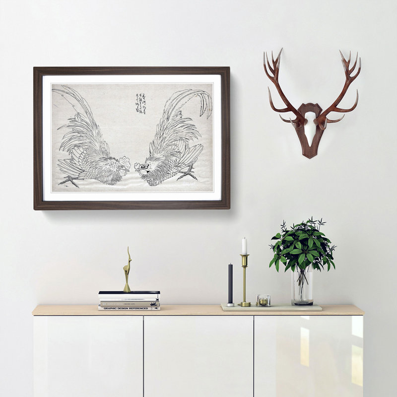 Two Roosters by Katsushika Hokusai - Picture Frame Drawing Print, 36cm H x 48cm W x 2cm D, Walnut Framed
