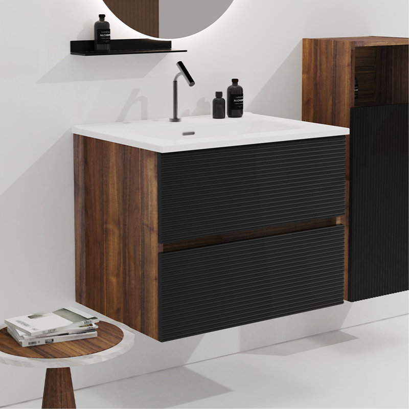 Gloria 24" Wall Mounted Soft Black & Walnut Bathroom Vanity With Integrated Ceramic Sink With Overflow, Large Storage Floating Bathroom Vanity For Modern Bathroom, KD