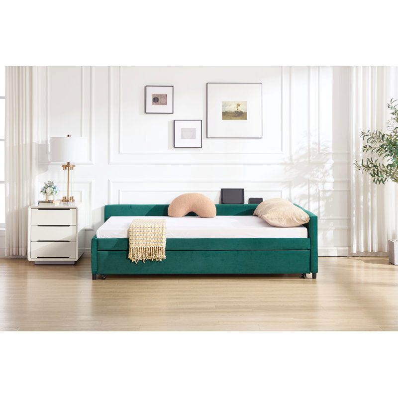 Upholstered Daybed With Trundle,Sturdy Wooden Bed Frame, Modern Diamond Grid Design,For Bedroom, Guest Room, Emerald