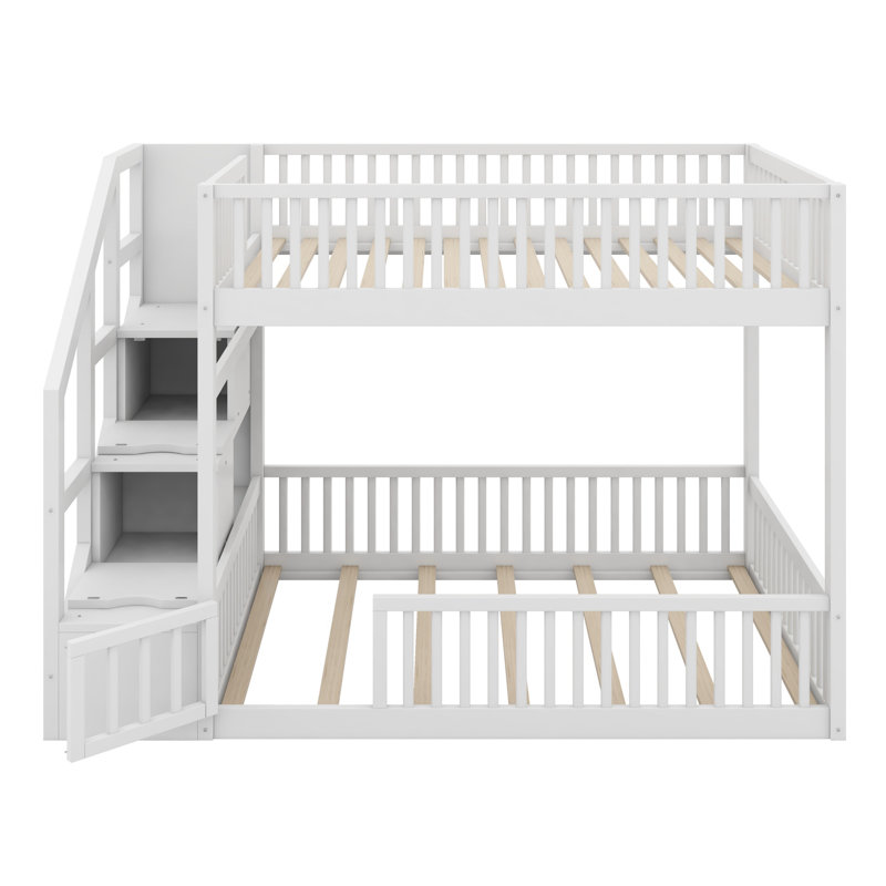 Lit superposé au sol, escalier de rangement fonctionnel, White