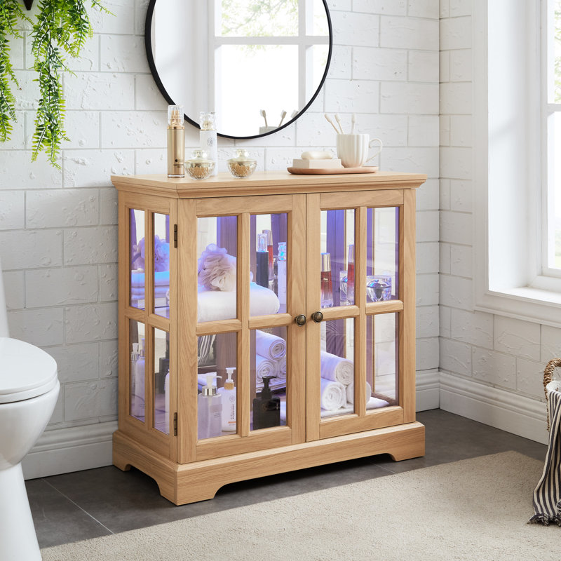 Antique Oak Glass Cabinet With Remote-Controlled Led And Magnetic Closure Vintage-Style Display Finish