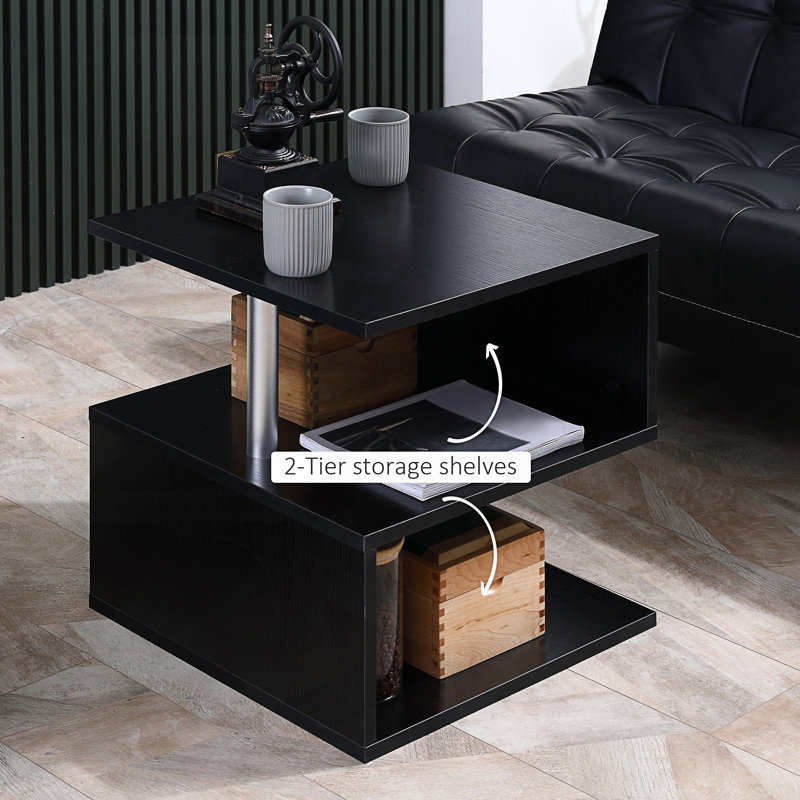 Table de bout moderne, table d'appoint décorative, table basse en forme de S avec tablette de rangement, table basse, Noir