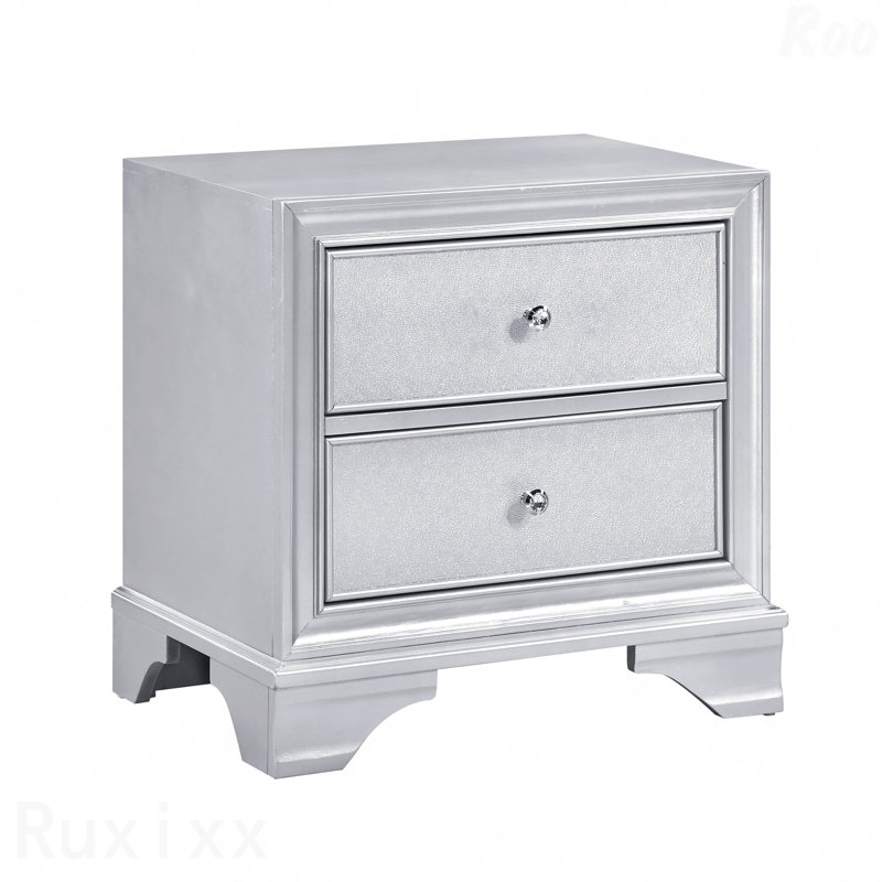 Silver Finish 2-Drawer Nightstand, 1pc Glam Contemporary Bedroom Furniture Bedside Table