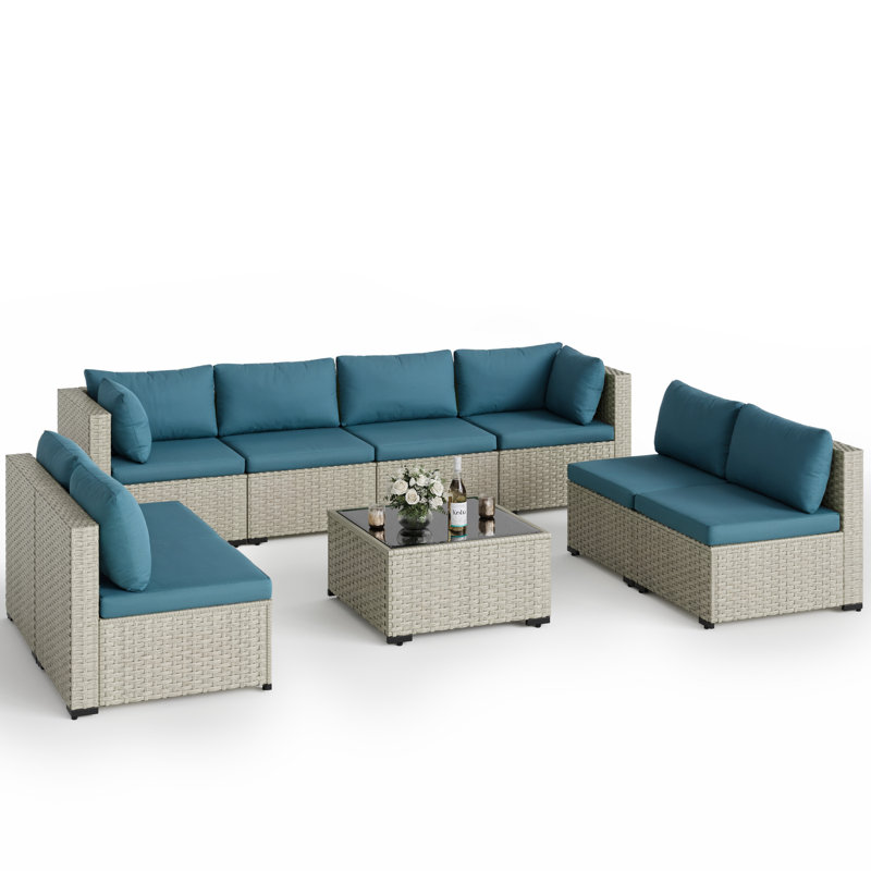Ensemble de conversation 9 pièces pour patio, Bleu paon