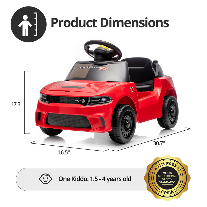 Voiture électrique Dodge autorisée pour enfants de 1 à 3 ans, avec musique et klaxon rouge., Rouge