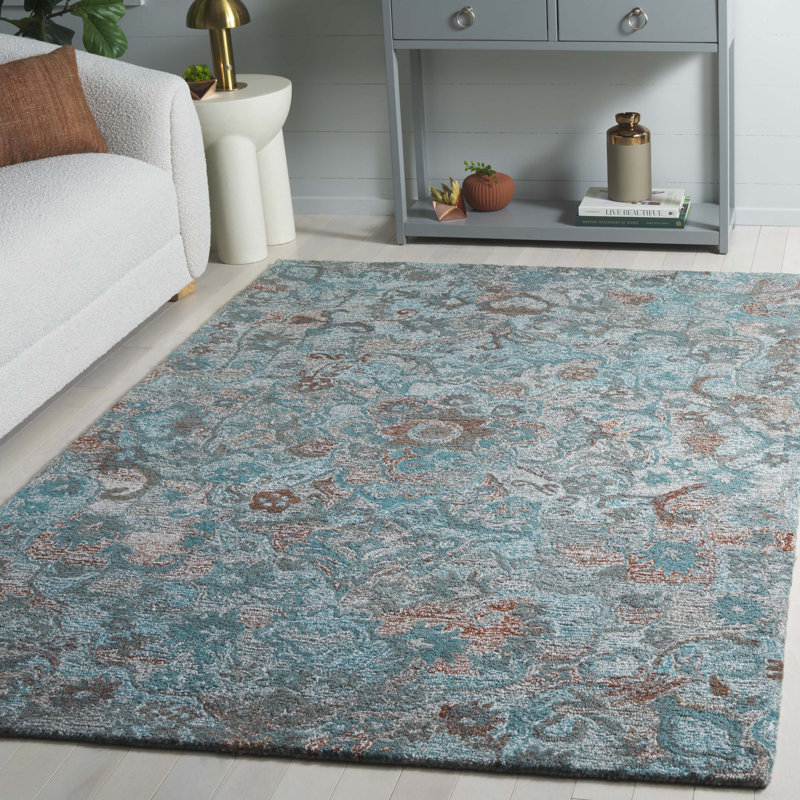 Tapis floral en polyester touffeté à la main Fredel - bleu / brun, Rectangle de 5 pi x 8 pi