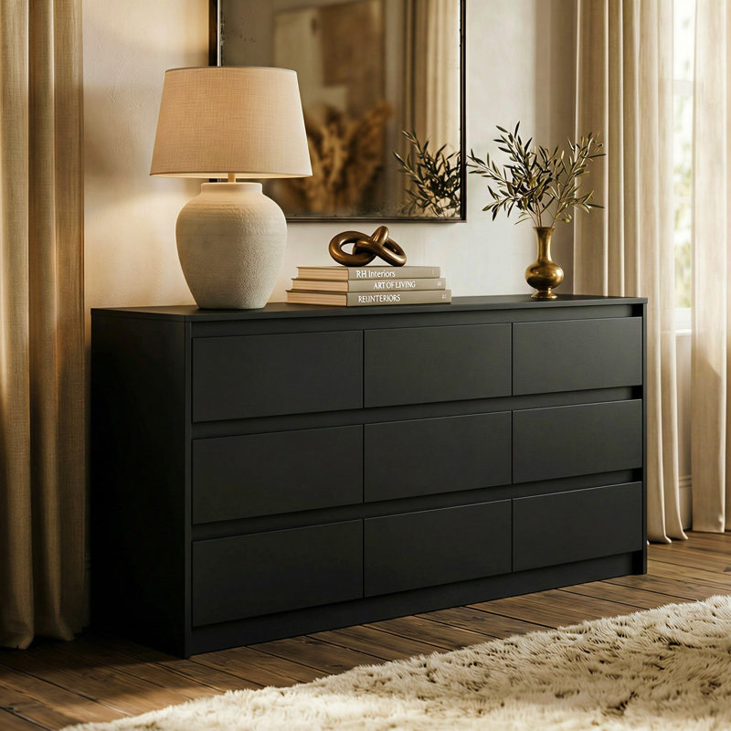 Commode à 9 tiroirs de 160 cm de large avec tiroirs de différentes tailles et glissières métalliques, grand meuble de rangement pour chambre à coucher