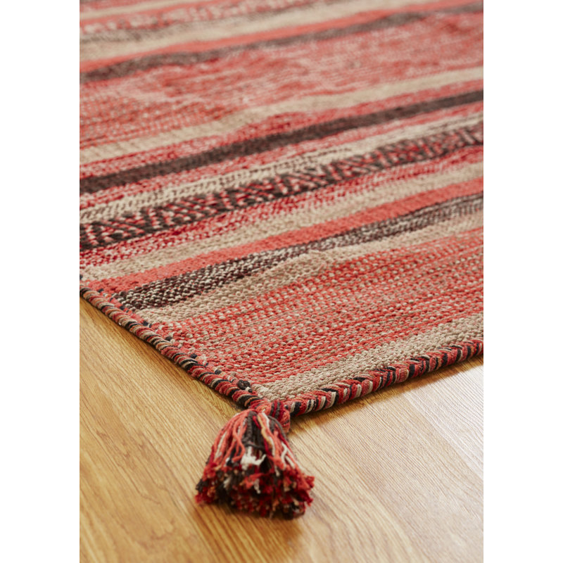 Tapis décoratif rouille en coton noué à la main à rayures Steffen, Rectangle 5 pi 6 po x 8 pi 6 po