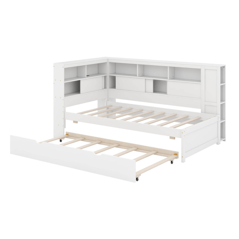 Lit de jour simple en bois avec tablettes, USB et lit gigogne, Blanc
