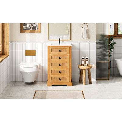 Meuble-lavabo de 20 pouces avec lavabo en céramique, bois massif et armoire, porte à fermeture douce, rangement fonctionnel pour lavabo intégré pour petite salle de bain, cadre, débordement de porte