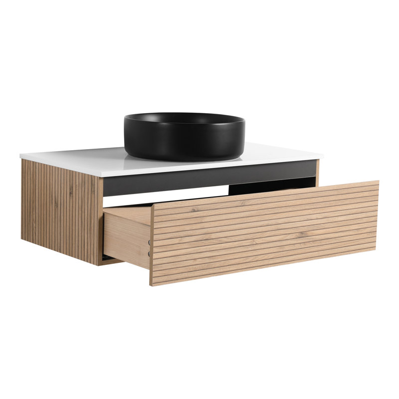 Meuble-lavabo de 36 po avec lavabo en céramique Art Black et tiroir à fermeture en douceur, design moderne pour l'élégance, ton de café principal, matériau en contreplaqué, poignée de tiroir biseautée à extension 2/3 et 45 po, salle de bain, rétractable