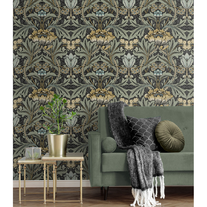 Papier peint floral Mifflintown, Gris anthracite / verge d'or