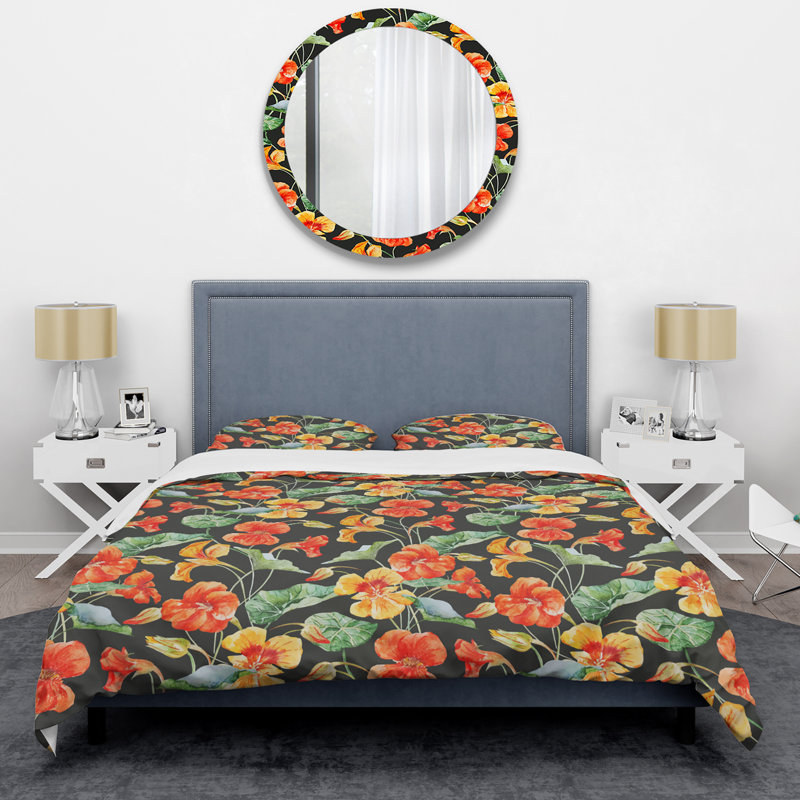 Fleurs orange et jaunes - Ensemble de housse de couette floral - Polyester microfibre