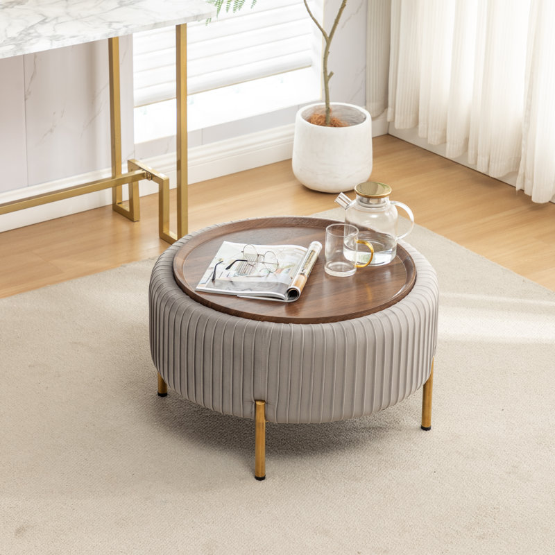 Miajah Upholstered Round Storage Ottoman, Gray