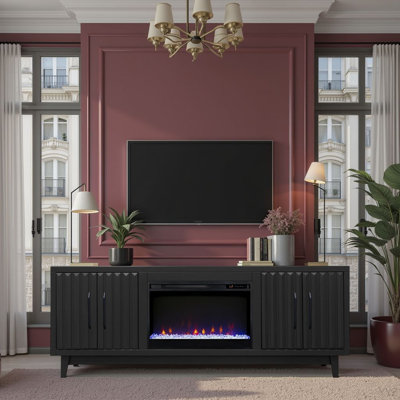 Poularies Solid Wood 75 inch TV Stand with Electric Fireplace for TVs up to 85 inches