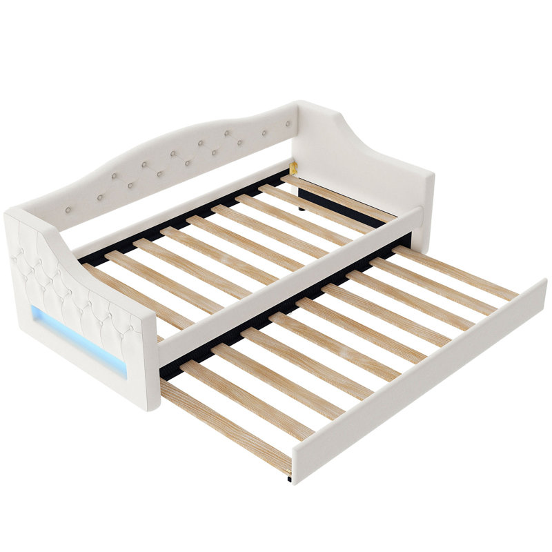 Upholstered Twin XL Size Daybed with LED Belt and Trundle, Beige