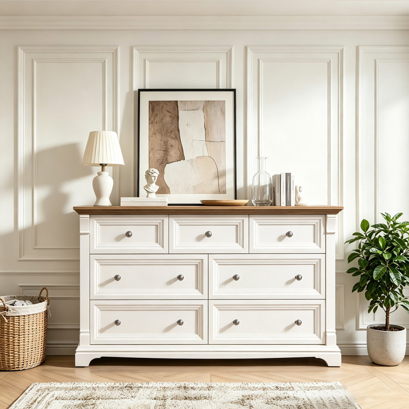 Roman Column 7-Drawer Dresser - 54" Wide Farmhouse Statement, Antique White/Oak