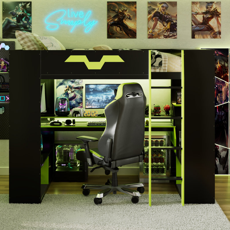Full Size Wood Loft Bed with Power Outlet, USB/Type-C Ports, Cable Management & RGB Light, Kids Study & Sleep Bunk, Green