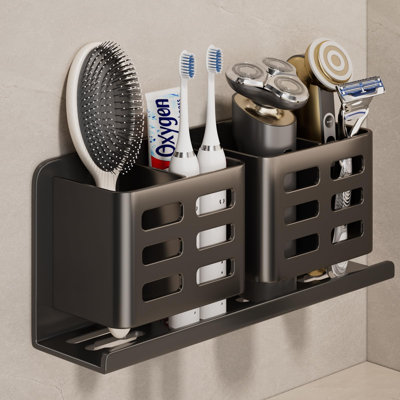 Aluminum Toothbrush Holder Self-Adhesive Hanging Bracket Shower Toothbrush Razor Holder Suitable,(Black )