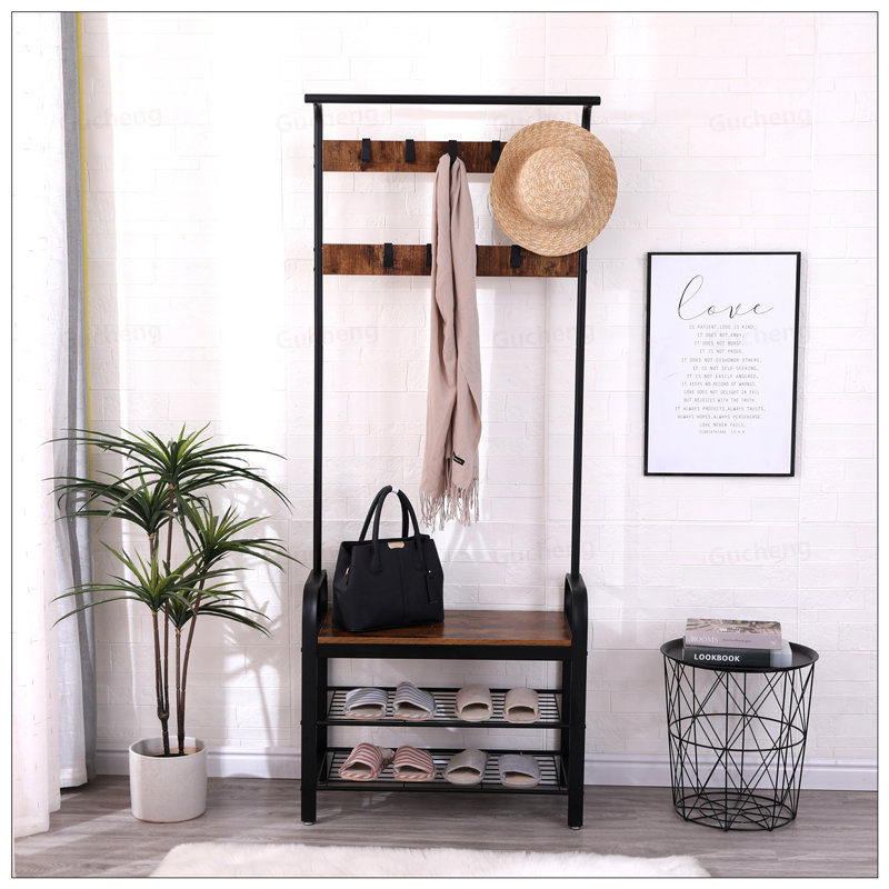 4-In-1 Hall Tree With Shoe Bench, Coat Rack, And Hanging Rod, Rustic Brown, Maximize Entryway Space