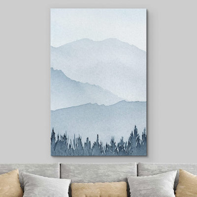 Forêt boisée, paysage, impression sur toile, aquarelle, bleu pastel, hiver, montagne, forêt, arbres, nature sauvage, illustrations, art moderne, paysage rustique, coloré pour le salon, la chambre à coucher, le bureau