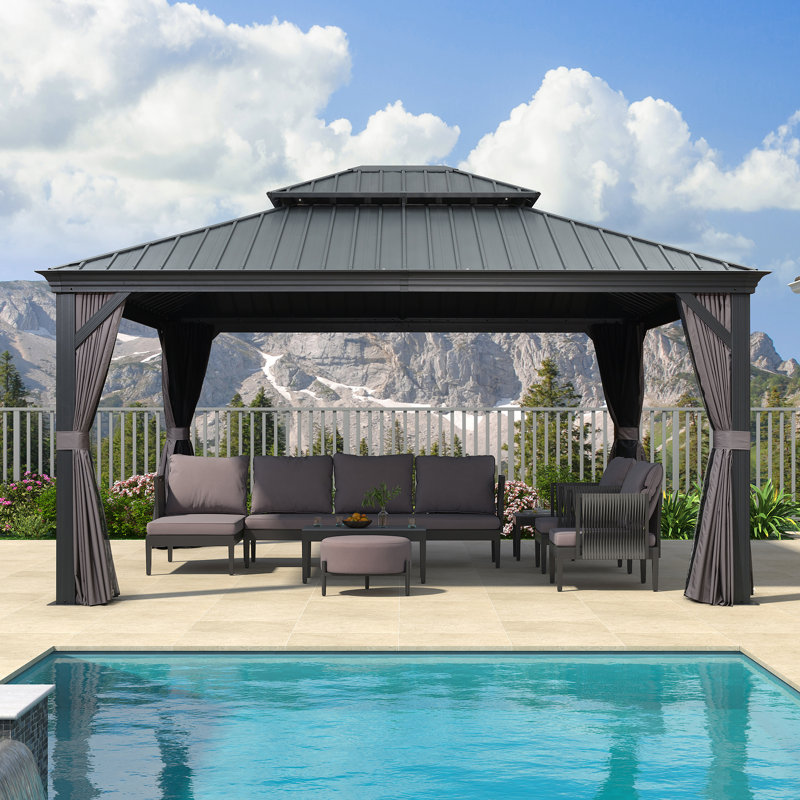 Pavillon de jardin permanent en aluminium avec toit double en acier galvanisé à toit rigide de 13 pi x 15 pi pourpre pour terrasse et jardin, rideaux et filet inclus, gris