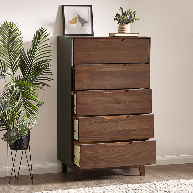 Jerred 5 Drawer Solid Wood Chest, Dark Walnut