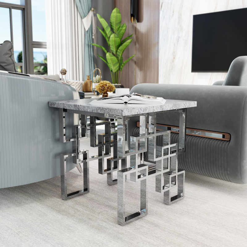 Grey And Silver End Table With Polished Metal Geometric Base