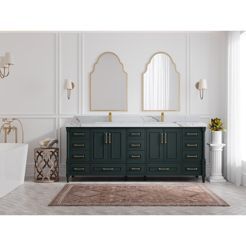 Aberdeen Bathroom Vanity, Calacatta Gold Quartz, Dark Forest Green